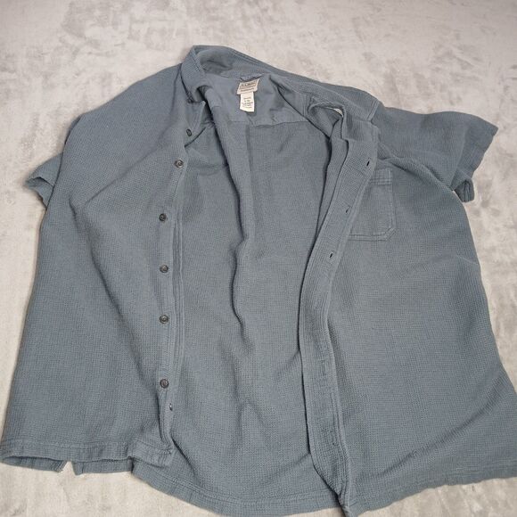 LL Bean Mens XL Tall Blue Waffle Knit Short Sleeve Shirt Camp Loop Collar Button - Picture 3 of 9